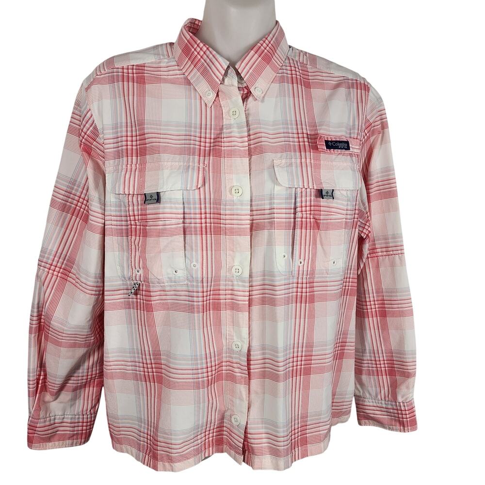 Columbia PFG Super Bahama Womens Shirt Roll Tab Pink Plaid Fishing Vented Small